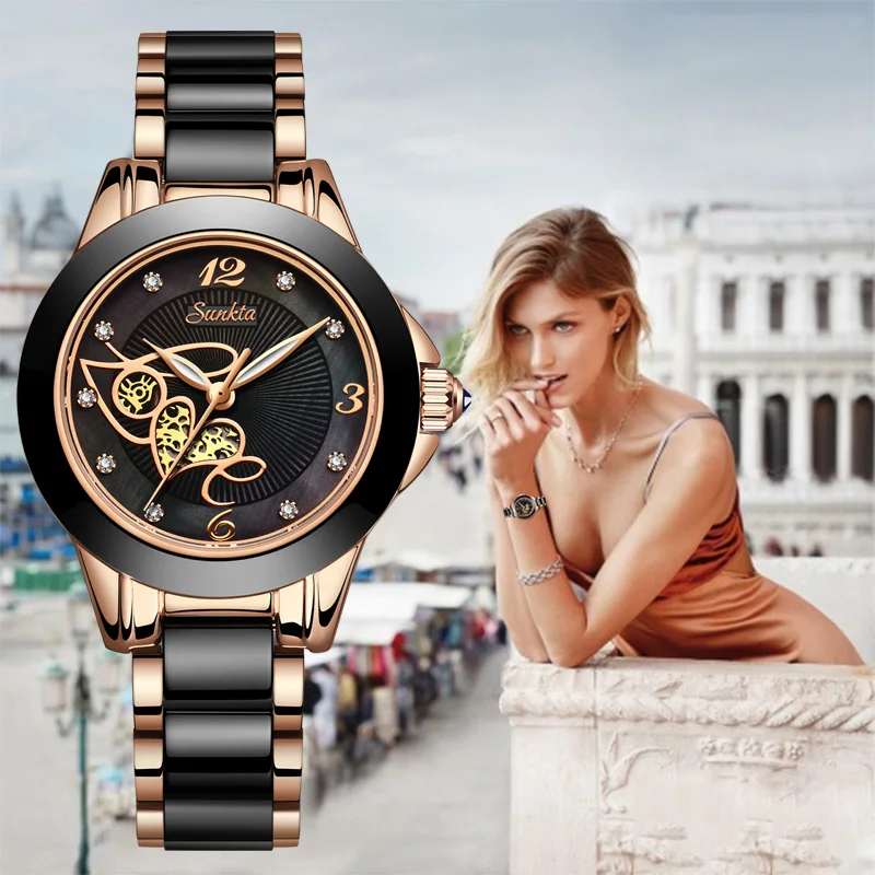 SUNKTA 6607 Black Ceramic Diamond Female Wrist Watch